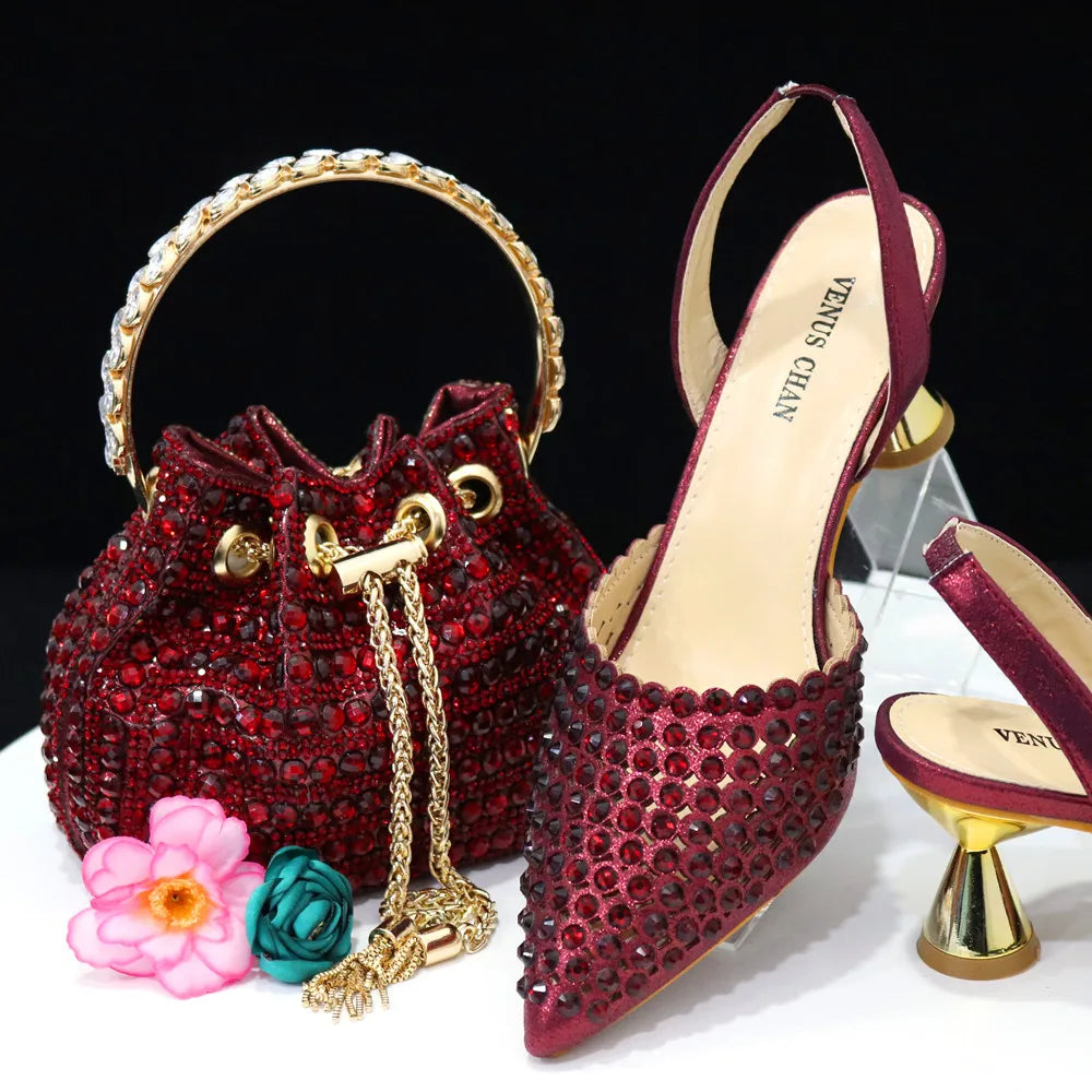 Venus Chan 2023 New INS High-Heeled Pointed Toe Wedding Shoes Colorful Full Diamond Design Shoe and Bag Set for Nigeria Party