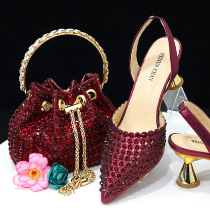 Venus Chan 2023 New INS High-Heeled Pointed Toe Wedding Shoes Colorful Full Diamond Design Shoe and Bag Set for Nigeria Party
