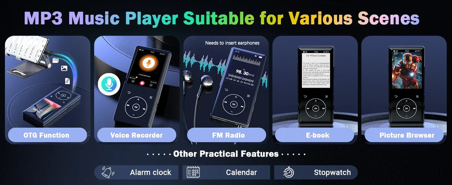 128GB MP3 Player: Portable Music Player with Bluetooth 5.2 HiFi Sound Shuffle Single Loop FM Radio Built-in HD Speaker Voice Rec