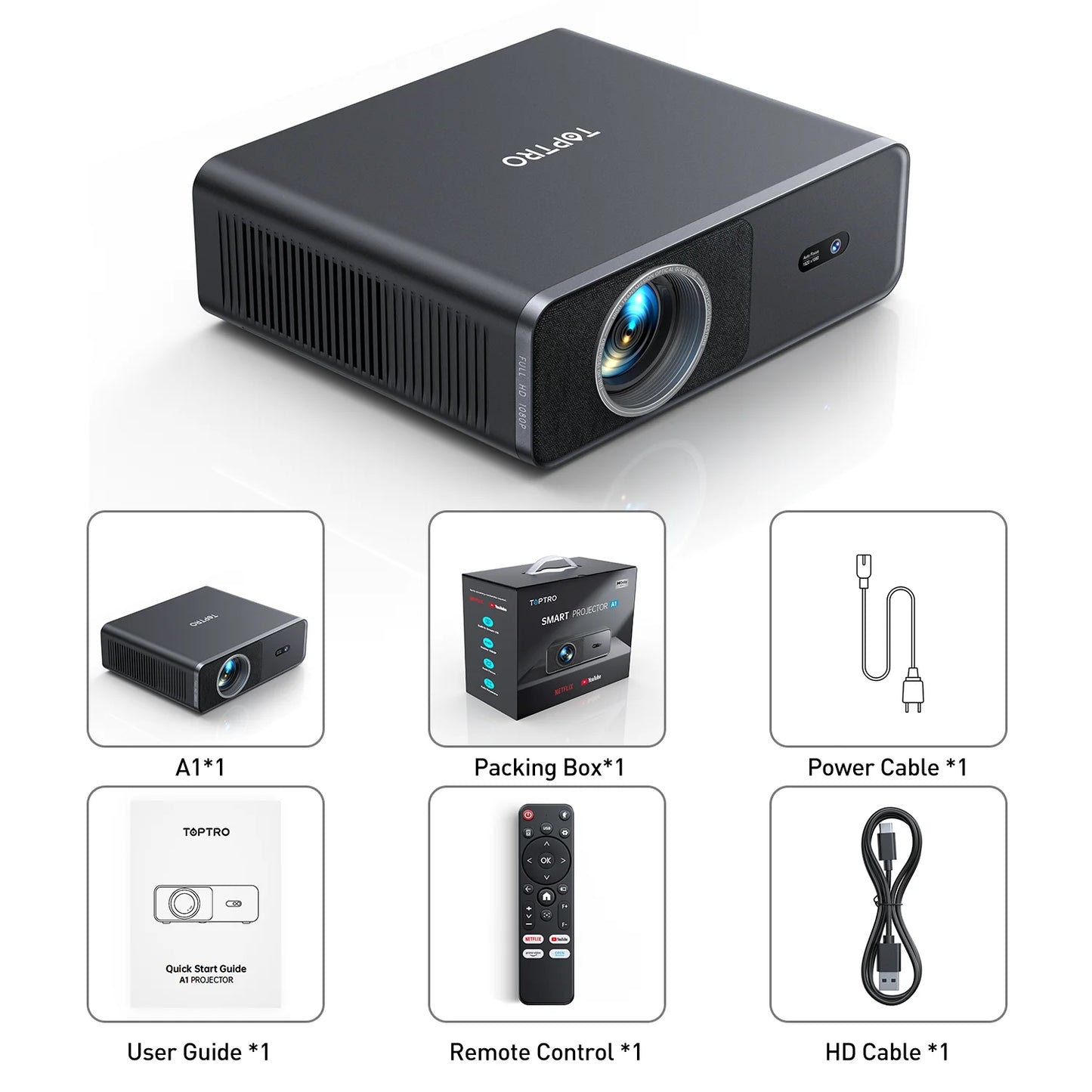 TOPTRO A1 4K Projector Official Netflix 1000ANSI Native 1080P Auto Focus & Keystone 38000 lumens BT5.2 WIFI6 Smart Home Theater