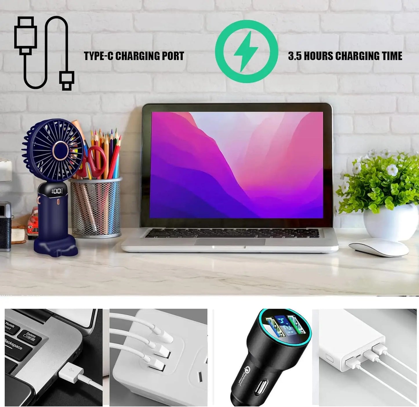 Handheld Fan,Foldable Desk Desktop Type-C Rechargeable Fans with Lanyard and Base, Mini Fan with LED Display 4000mAh