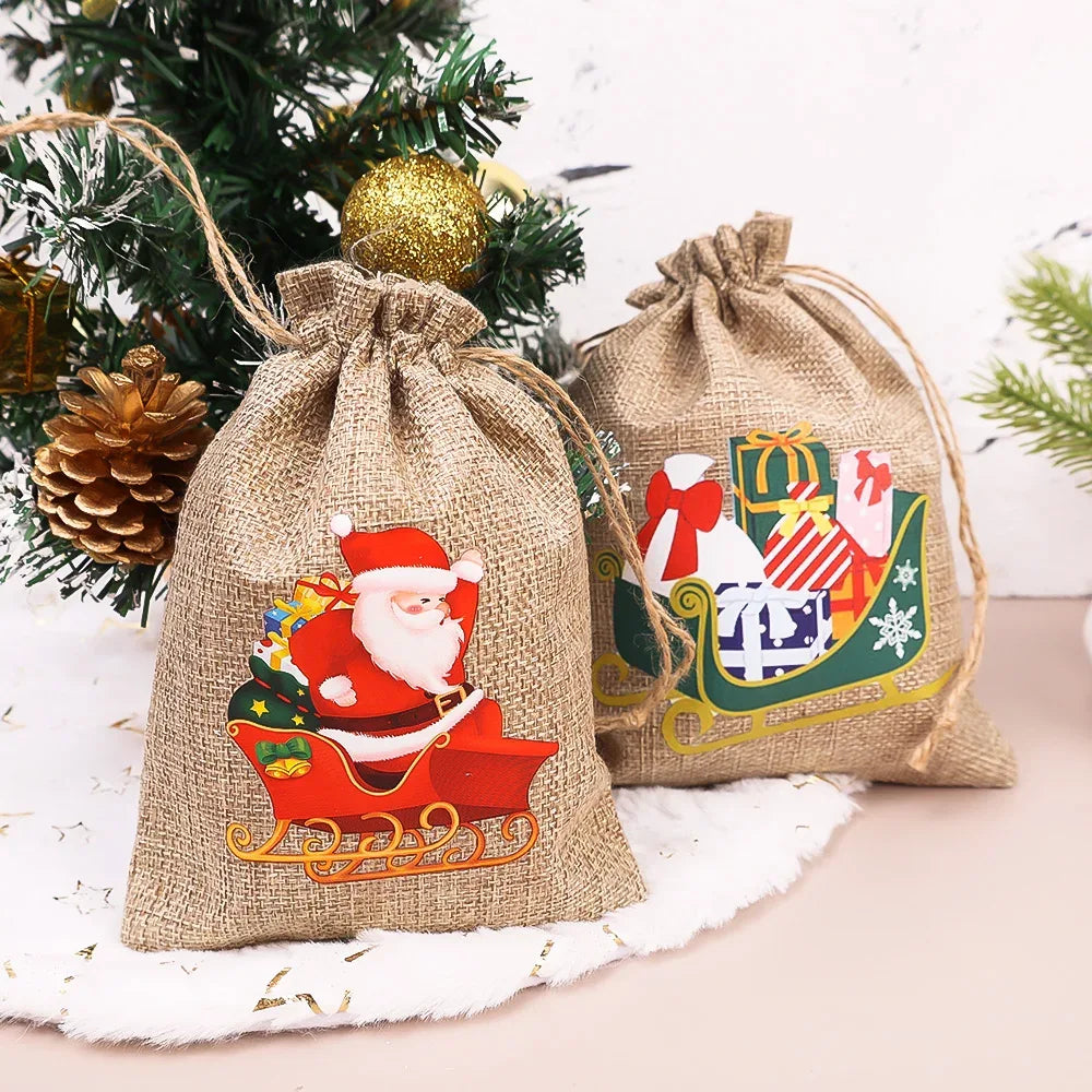 1/30PCS Christmas Linen Drawstring Bags Candy Biscuits Pouchs Burlap Bracelet Jewelry Storage Bags Xmas Kids Gift Packaging Bags