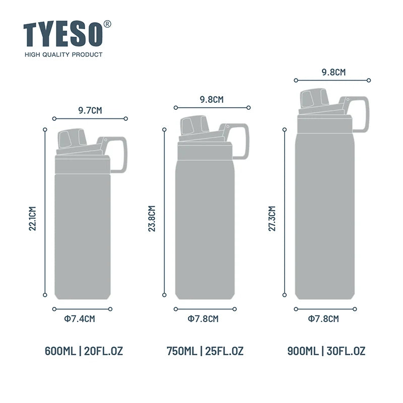 Tyeso Vacuum Flask for Men Women Stainless Steel Outdoor Water Bottles for Cycling Hiking 750ml 900ml Portable Water Bottle