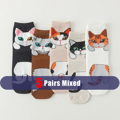 1/5 Pairs New Arrivals Women Socks Cartoon Animal Cat Spring Autumn Kawaii Comfortable School Girls Female Casual Funny Socks