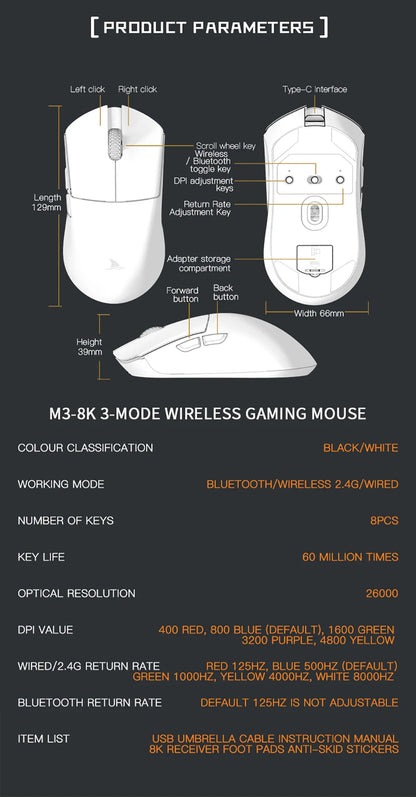 Darmoshark M3 Gaming Mouse Dual Mode 8K Wireless Tri-Mode PAW3395 Big Hand Macro Game Mouse 26000 DPI Lightweight Mice