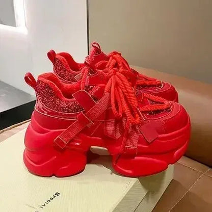 8CM Women Bling Red Chunky Sneakers Winter High Platform Warm Fur Shoes Ladies Wedges Casual Dad Shoes Leather Sports Sneakers