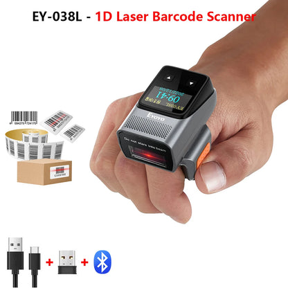 Eyoyo EY-038 Ring Barcode Scanner with Screen.1D Laser/2D Mini Wearable Bluetooth Finger QR Code Reader.Support Screen Scanning