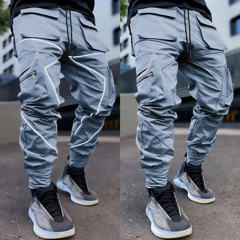 Men Casual Black Cargo Pants Oversize Striped Pocket Sweatpants Gym Sports Fitness Hip Hop Jogger Baggy Trousers Pantalon Hommes