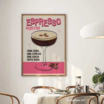 Modern Pop Art Kitchen Decor Cocktail Poster Espresso Martini Recipe Print Pink and Black Canvas Art