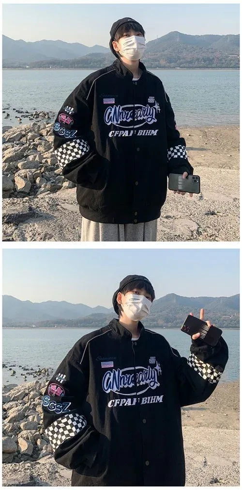 Embroidery Fashion Streetwear Racer Jackets Men Women Y2K HipHop Motorcycle Plaid Vintage Bomber Harajuku Autumn Jackets Coat
