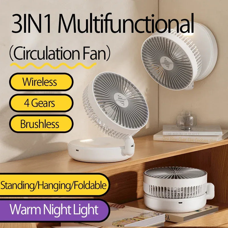 New 5000mAh Rechargeable 3IN1 Multifunctional Portable Fan Wall Mounted Fan 90° Folding Fan 4 Gears With Warm Night Light