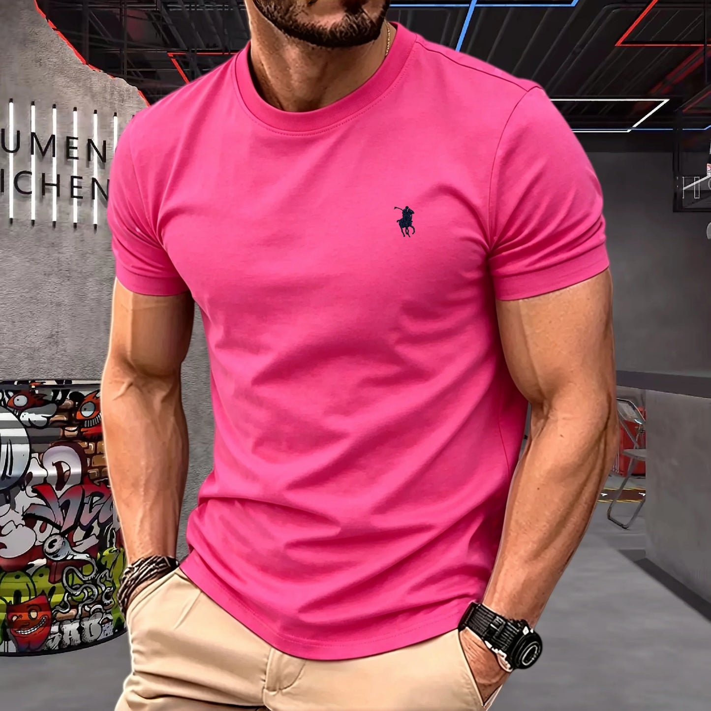 100% pure cotton 2026 high-end brand men's short sleeved round neck top summer fashion luxury pony embroidery top sports T-shirt