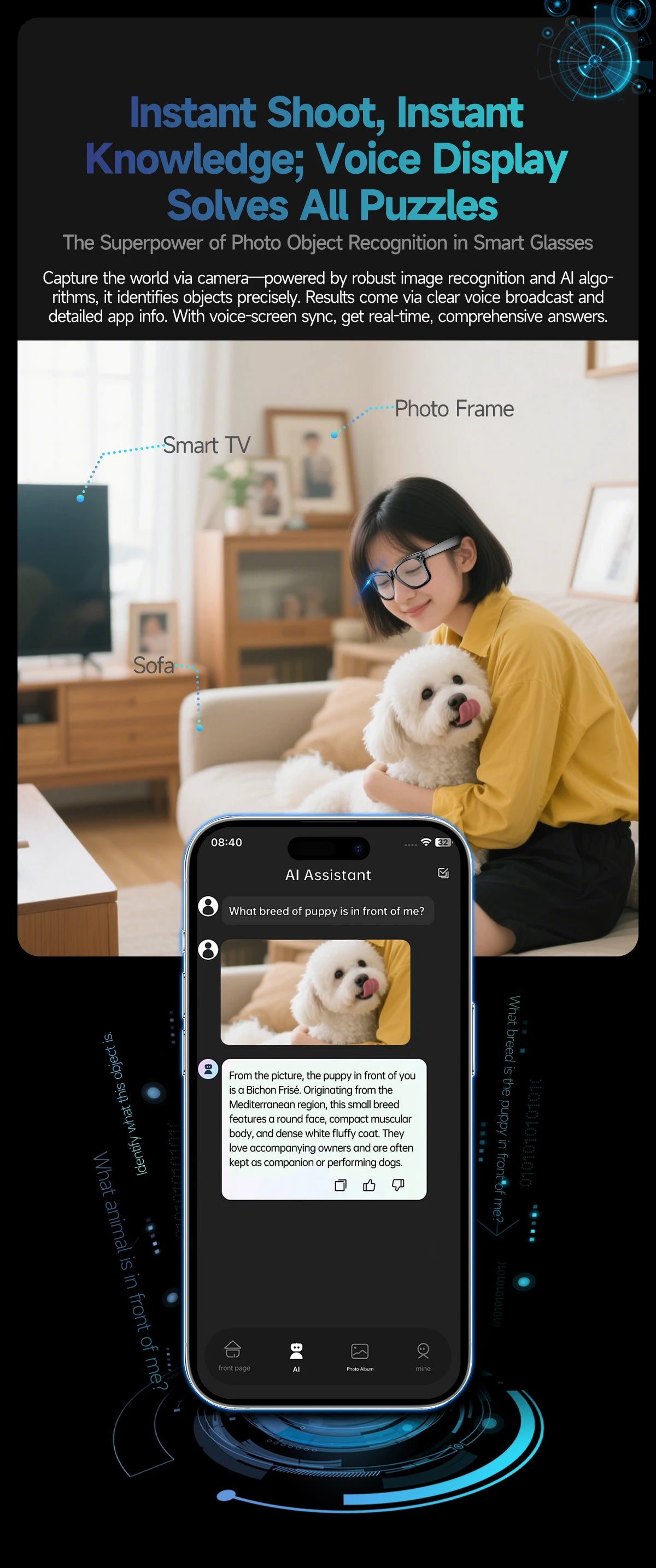 Lunettes intelligentes IA avec caméra 8 MP, enregistrement vidéo, traduction de plus de 100 langues, appels Bluetooth et lecture de musique. Modèle homme/femme (2025).