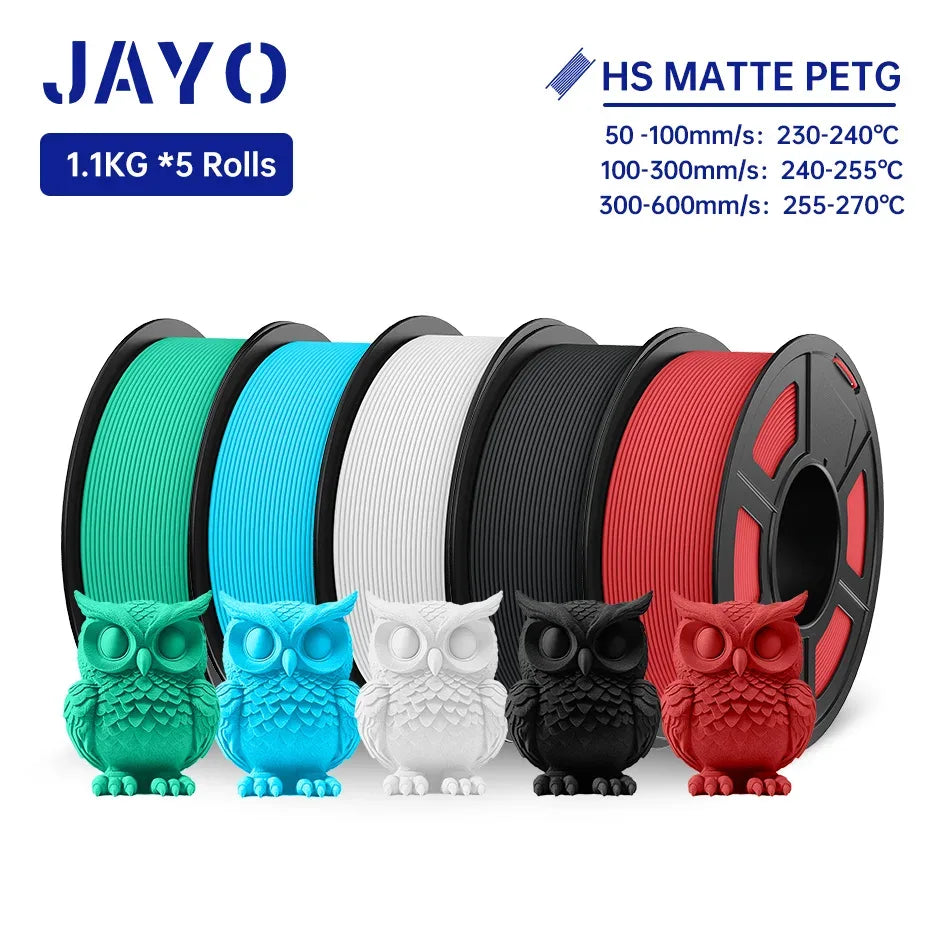 JAYO PETG 3D Filament 1.75MM High Speed PETG 3D Printer Filament 5Rolls High Flow Speedy Matte Effect 3D Printing Mateials