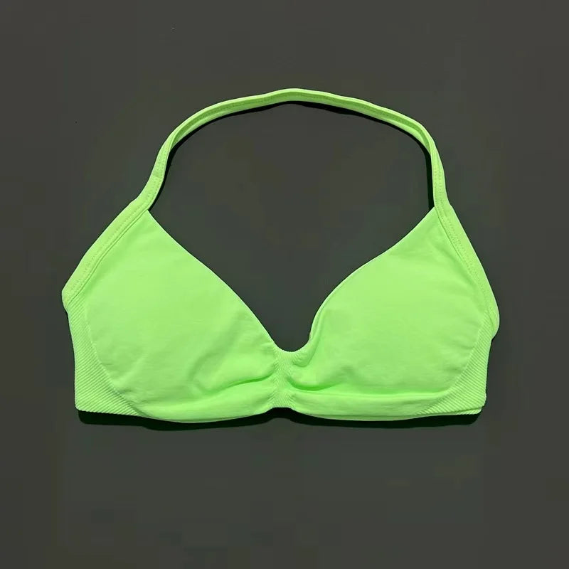 HISTELLO Strappy Bra Gym Top Women High Support Thin Strap Halter Sports Seamless Bras Scrunch Push-up Workout Yoga Tank Tops