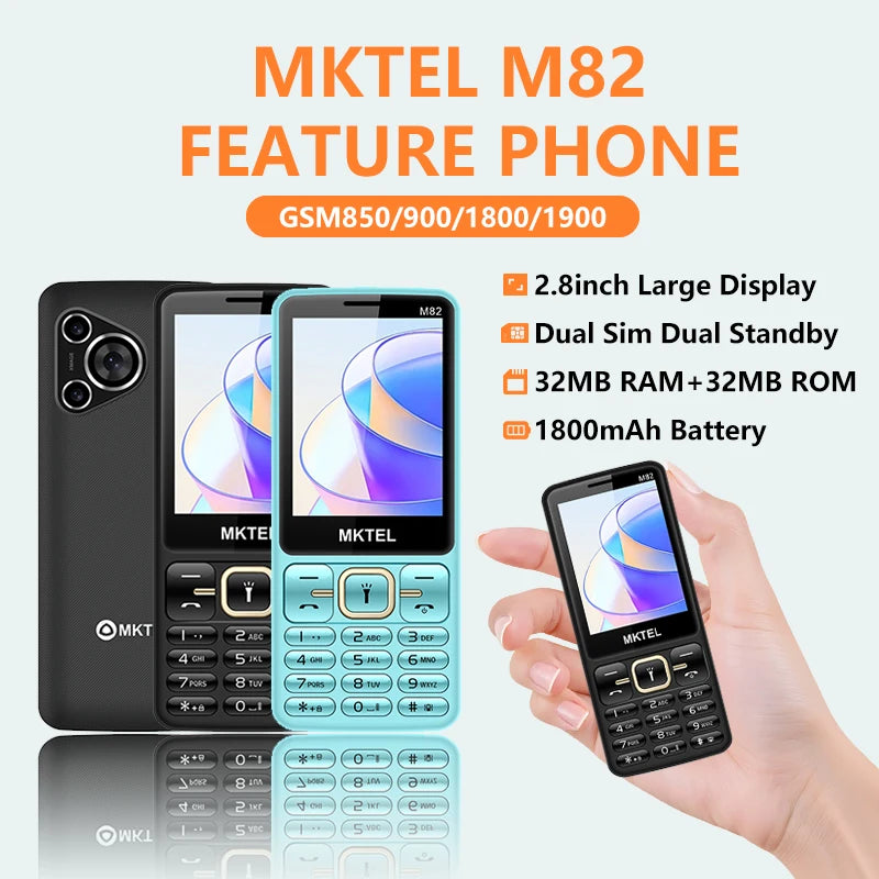 MKTEL M82 Feature Phone Large Keypad 2.8" Dual SIM 1800mAh Bluetooth MP3 Camera Mini Phone