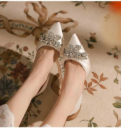 2025 Autumn New White French High Heels Pointy Rhine-Diamond Thin Heel Not Tired Foot Single Shoes Wedding Shoes