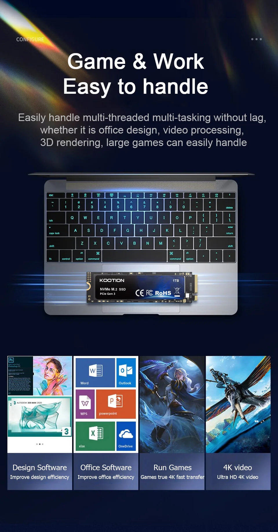 KOOTION SSD NVMe M.2 2280 2TB 1TB 512GB 256GB Internal Solid State Hard Disk PCIe 3.0x4 Gen3 M2 SSD Drive for PC Laptop Desktop
