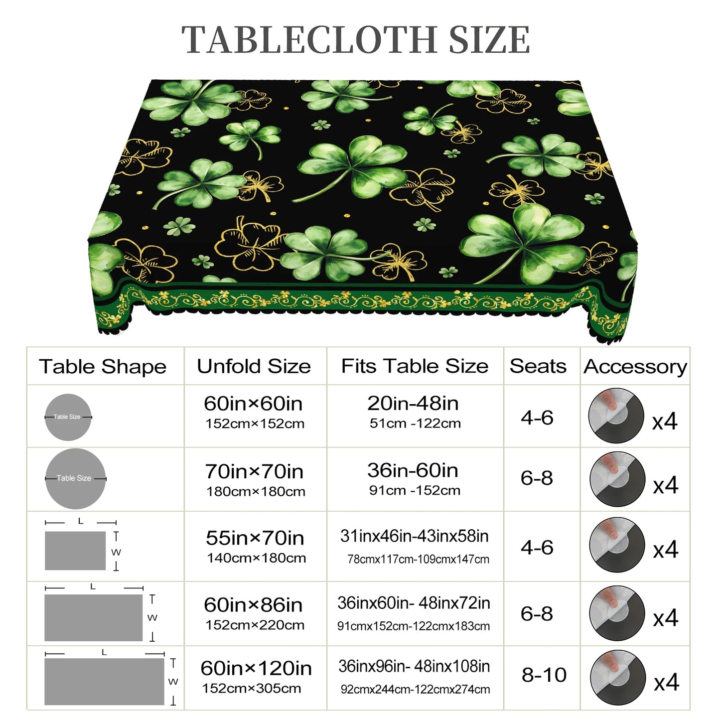 1 Piece of Clover Green Round Tablecloth, 5 Sizes Available, St. Patrick's Day Clover Pattern Printed Tablecloth, Edge Embossing Process, Spring Garden Tablecloth Decoration, Tablecloth for Daily Home Kitchen, Terrace, St.Hol