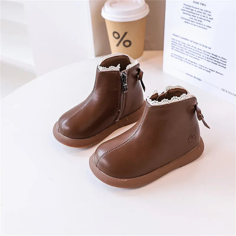 2024 New Autumn Children Boots Leather Girls Ankle Boots  Lace Butterfly-knot  Rubber Sole Fashion Toddler Kids Boots EU 21-30