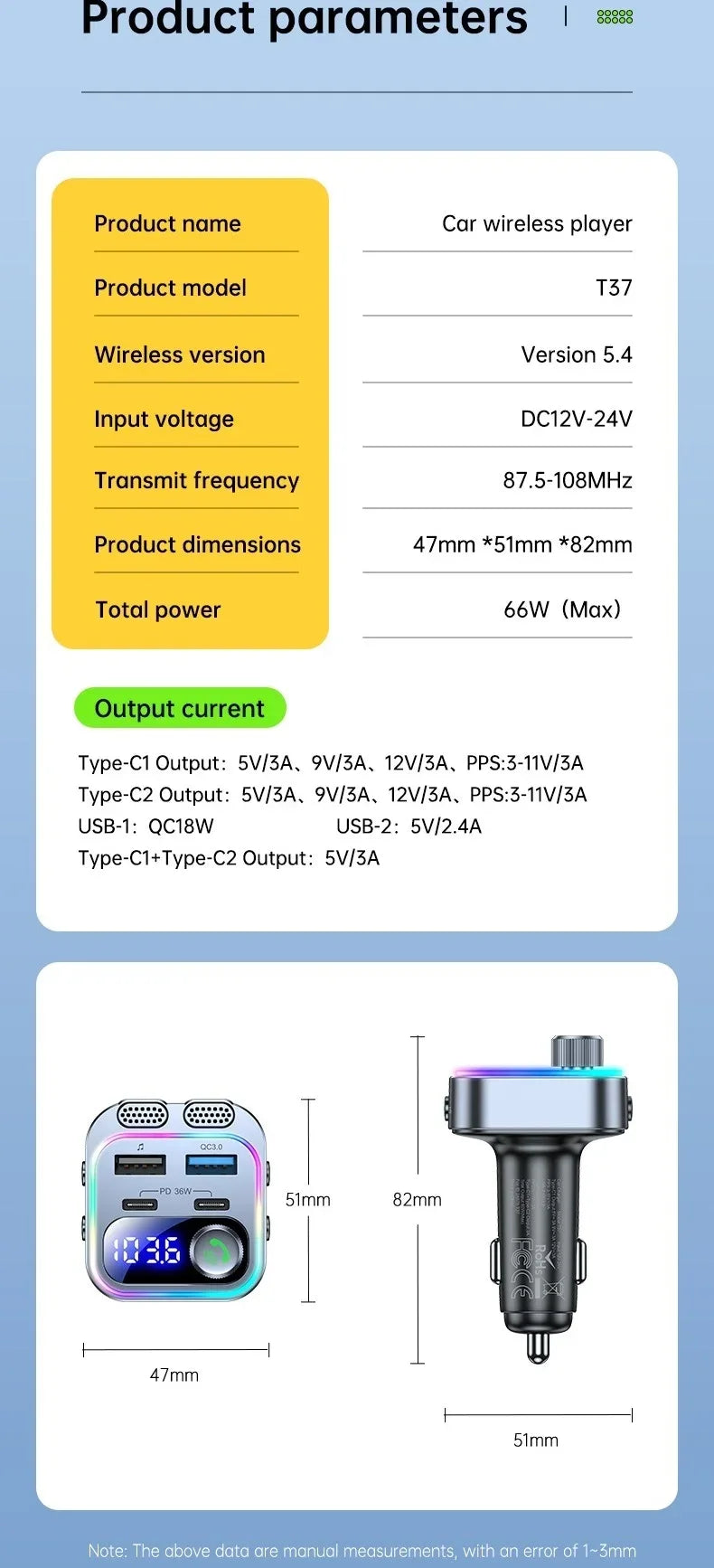 66W Fast Car Charger Bluetooth 5.4 FM Transmitter Wireless Radio Handsfree Calling Dual Mics & Deep Bass Car Charger Dual PD