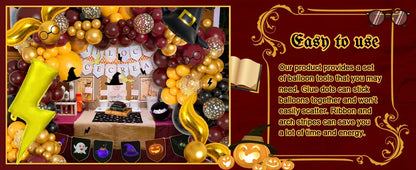 Magical Wizard School Balloons Garland Arch Kit Burgundy Black Gold Snitch Wizard Hat for Halloween Magic Themed Birthday Party