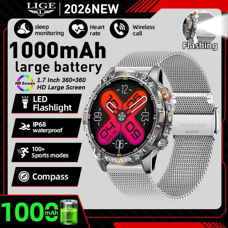 LIGE New Military For T-Rex 3 Ultra Smart Watch 1000mAh Battery IP68 Waterproof Compass Flashlight Sports Tracker Smartwatch Men