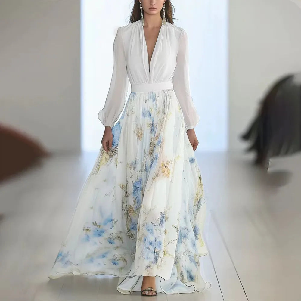 Fashion Floral Print Bohemian Long Dress Woman 2025 Deep V Neck Puff Long Sleeve Slim Waist Patchwork Maxi Dress Summer Vacation