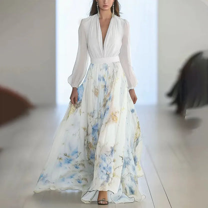 Fashion Floral Print Bohemian Long Dress Woman 2025 Deep V Neck Puff Long Sleeve Slim Waist Patchwork Maxi Dress Summer Vacation