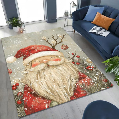Happy New Year Merry Christmas Tree Santa Claus Cartoon Gift Carpet Rug for Bedroom Living Room Sofa Home Doormat Decor,Non-slip