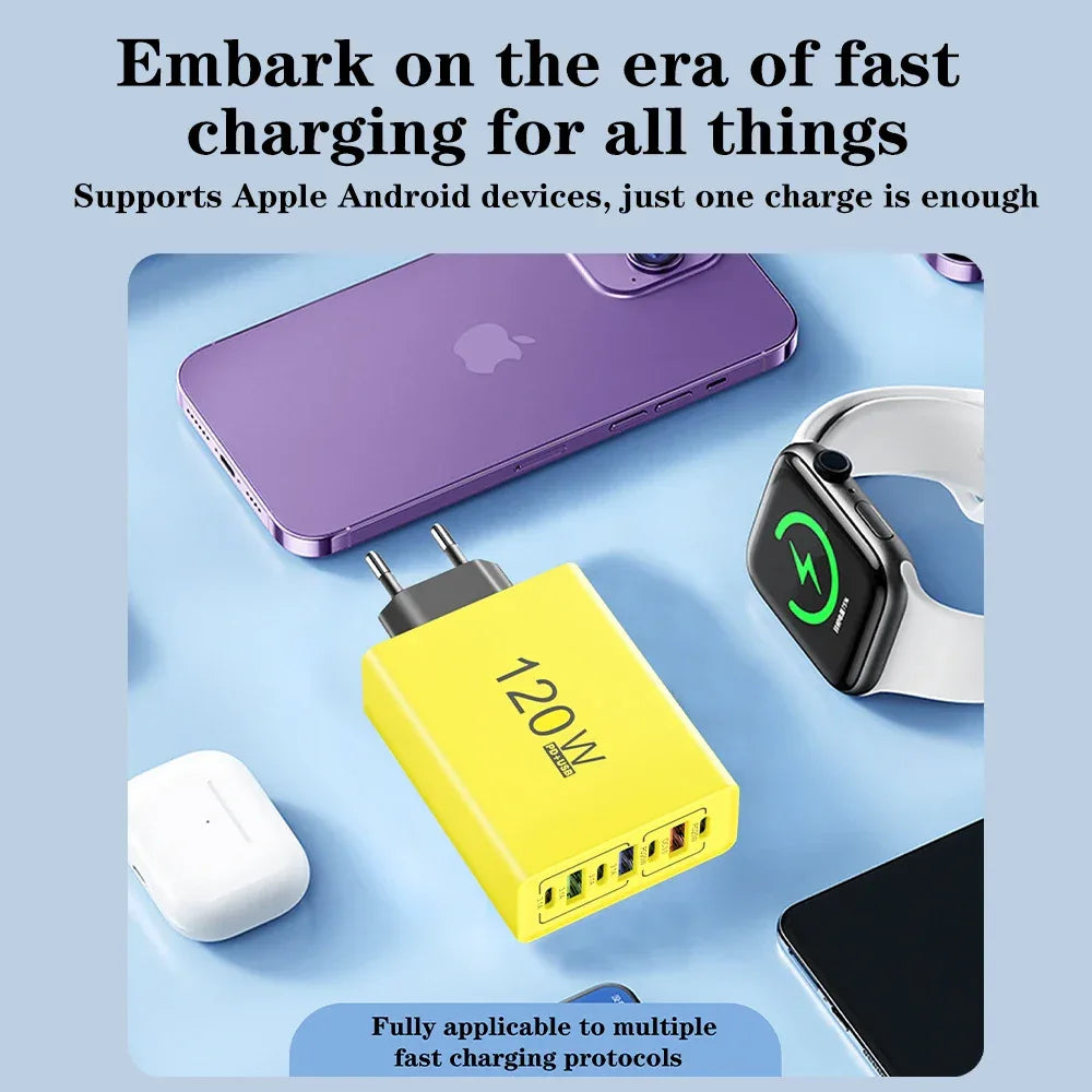 PD 120W USB Type C Fast Charging Mobile Phone Charger 7 Ports EU/US Plug Charger For iPhone Huawei Xiaomi Samsung Wall Charger