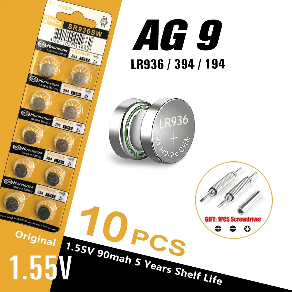 5-10PCS 1.55V AG9 50mAh Button Cell LR936 394 SR936SW CX194 LR45  G9A 194 394A SR936 L936F Cell Coin Watch Toys Remote Battery