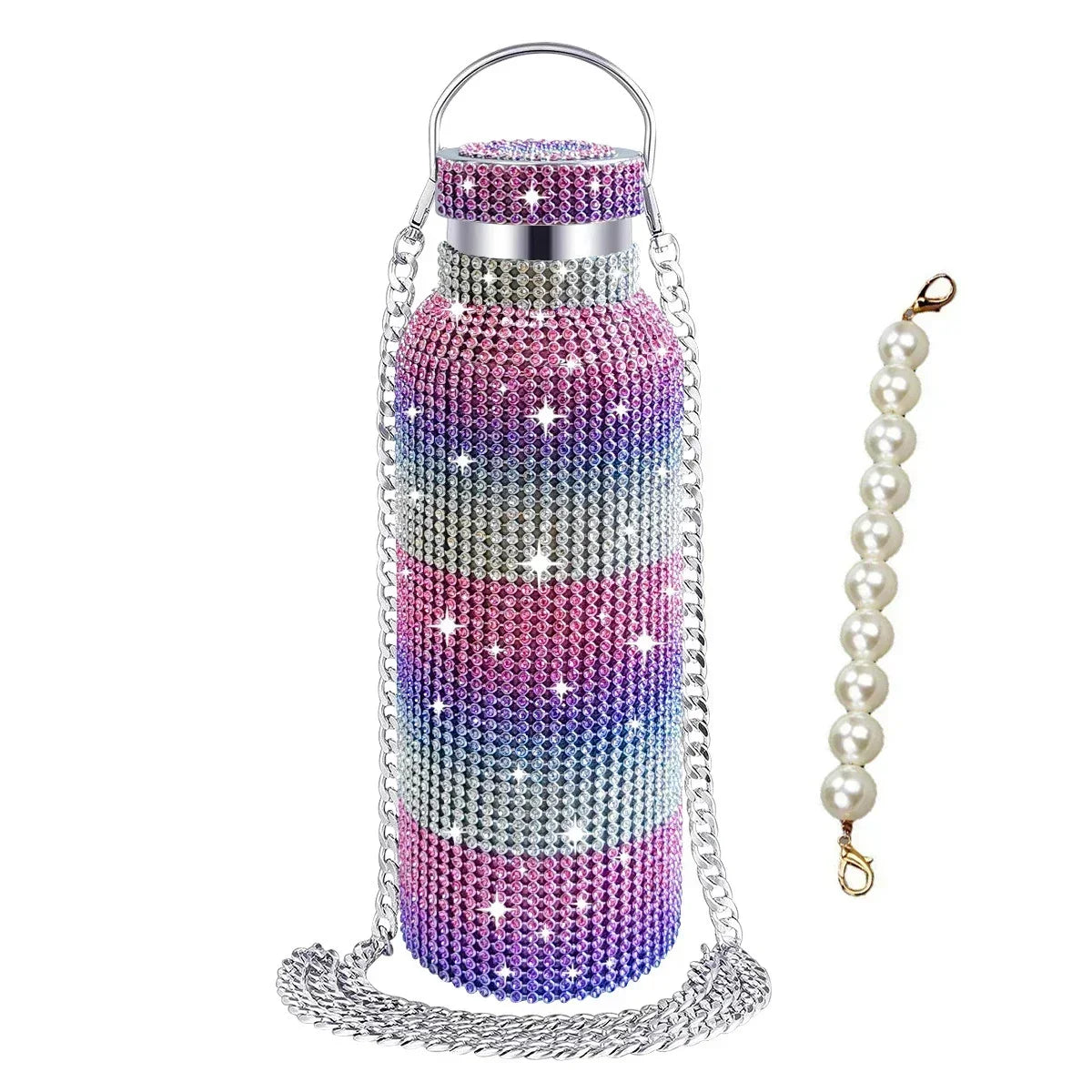 350/500/750/1000ml Luxury Rhinestone Thermos Bottle 2pcs Chain Portable Water Bottle Double Wall Stainless Steel Thermal Flask