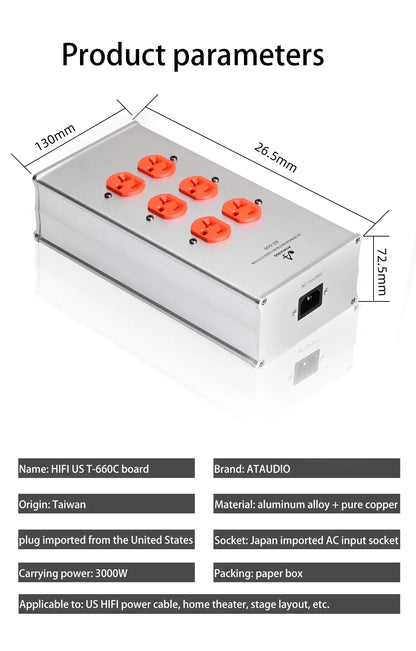 ATAUDIO HIFI Power Filter Audio Noise AC Power Conditioner Power Purifier Surge Protection with EU Outlets Power Strip