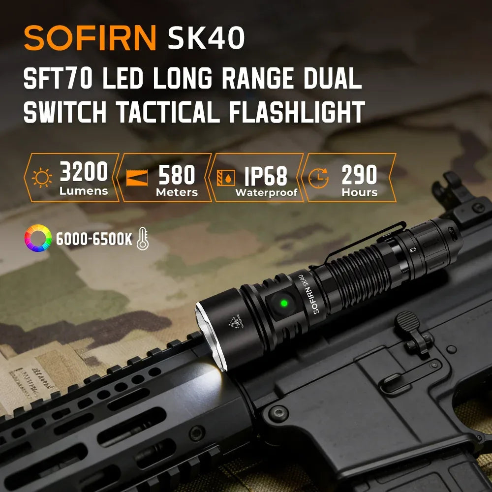 NEW SOFIRN SK40 3200lm Tactical Flashlight 580m Powerful Bright SFT70 LED IP68 waterproof Torch with Dual Switch