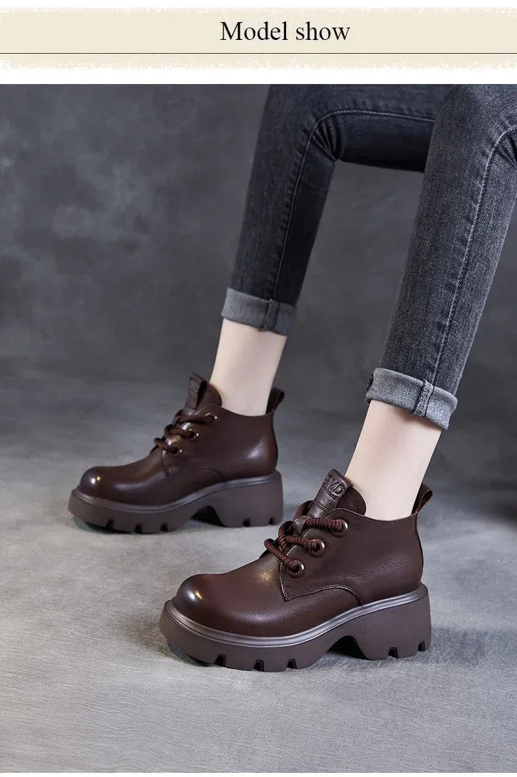 DRKANOL Luxury Design Genuine Leather Ankle Boots For Women Platform Casual Short Boots Women Winter Thick High Heel Warm Shoes