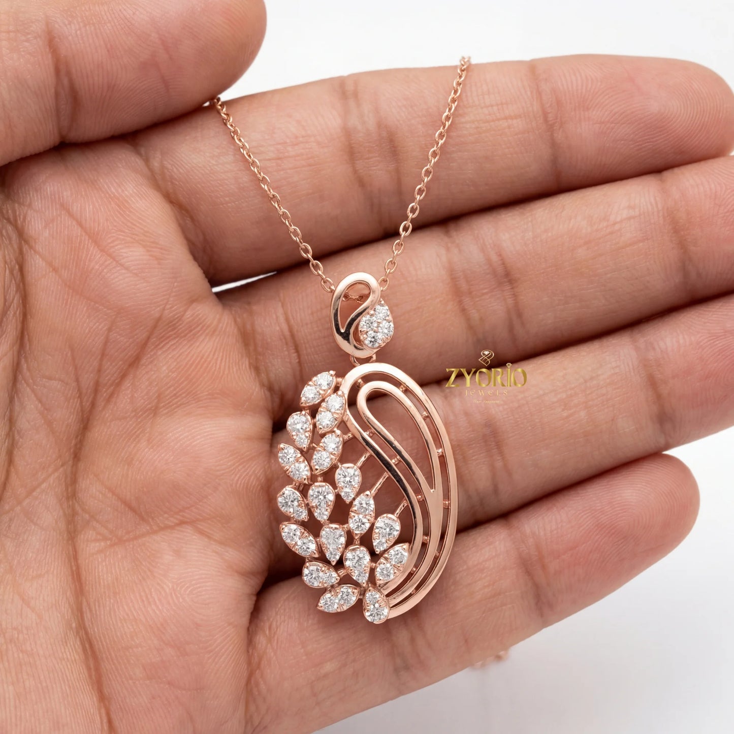 Gold Plated Link Chain Paisley Leaf Diamond Pendant with Sparkling Elegant Nature for Engagement Wedding Anniversary