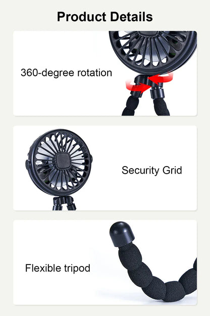 Portable Fan Mini Stroller Clip Fan USB Handheld Fan For Car Seat Bike 360° Rotate Flexible Octopus Stroller Fan Mini Car Fan