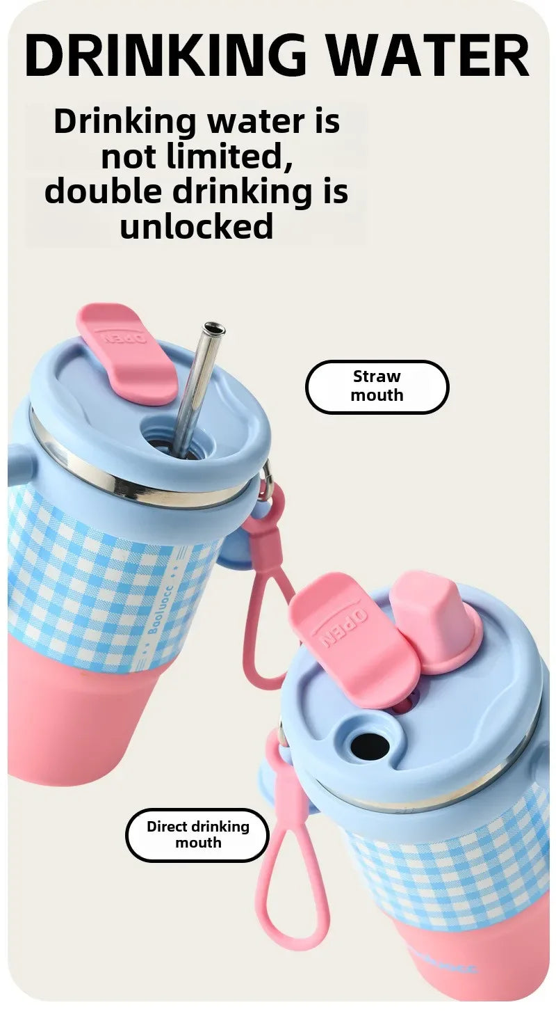 2025 New Girls Office 316 Stainless Steel Thermos Cup Household Handle Student Straw Cup Double Drink Bingba Cup  Coffee Mug