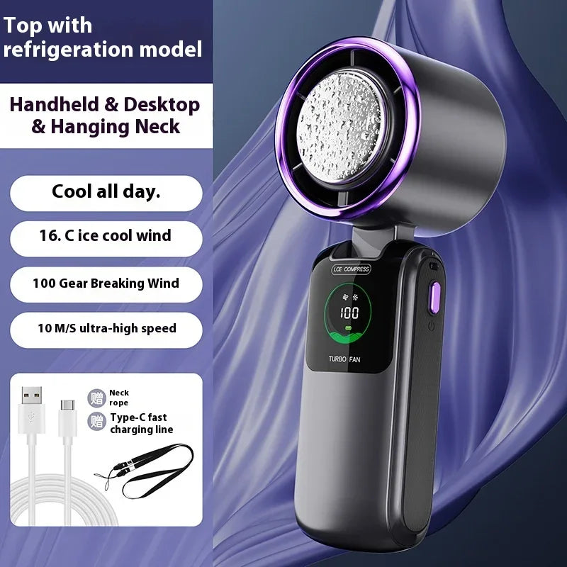 5-Speed Strong Cooling Mini Fan, Foldable & Neck Hanging - 9H Long Battery, Powerful Wind with LED for Office Outdoor Travel