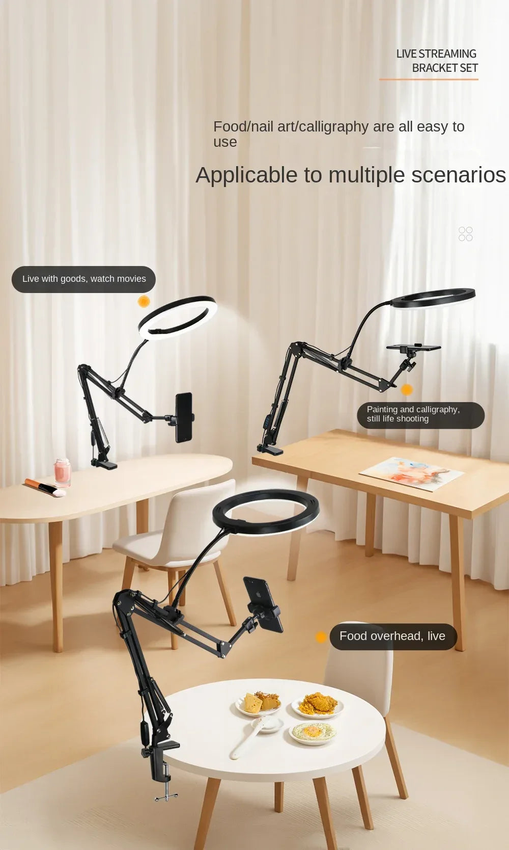 Phone Stand for Live Streaming, Desktop Boom Arm, Adjustable Height, Suitable for Selfie Shooting, Fill Light, Video Recording