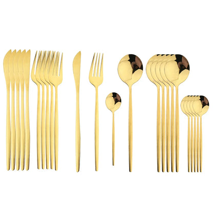 24Pcs Stainless Steel Cutlery Set Black Handle Golden Dinnerware Knife Fork Spoon Kitchen Tableware Gift Set