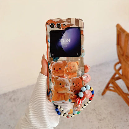 Cartoon Cute Bear Wave Border Phone Case for Samsung Galaxy Z Flip 5 4 3 Zflip5 Flip3 ZFlip4 Star Bracelet Shockproof Lens Cover