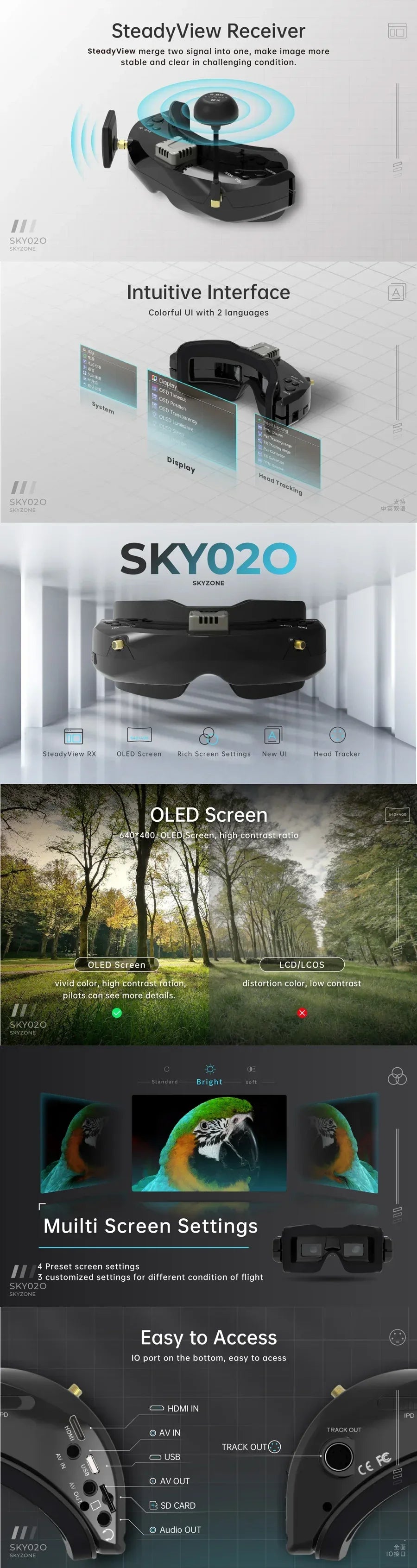 SKYZONE SKY02O FPV Goggles SKY 02O 600x400 OLED 5.8G SteadyView Diversity RX HeadTracker DVR HDMI AVIN/OUT for RC Racing Drone