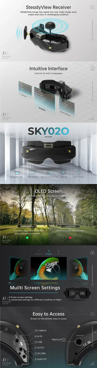 SKYZONE SKY02O FPV Goggles SKY 02O 600x400 OLED 5.8G SteadyView Diversity RX HeadTracker DVR HDMI AVIN/OUT for RC Racing Drone