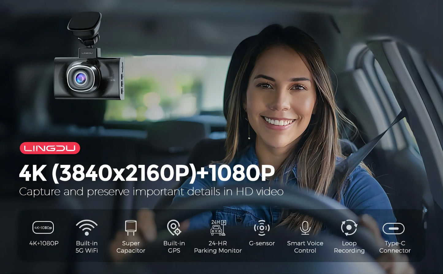 LINGDU LD02 Lite Dash Cam 3inch Screen 4K Front 1080P Rear Camera 5.8Gh WiFi GPS Voice Control 24H Parking Monitor Night Vision