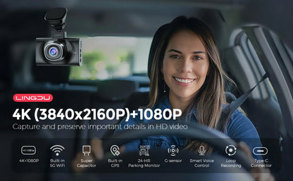 LINGDU LD02 Lite Dash Cam 3inch Screen 4K Front 1080P Rear Camera 5.8Gh WiFi GPS Voice Control 24H Parking Monitor Night Vision