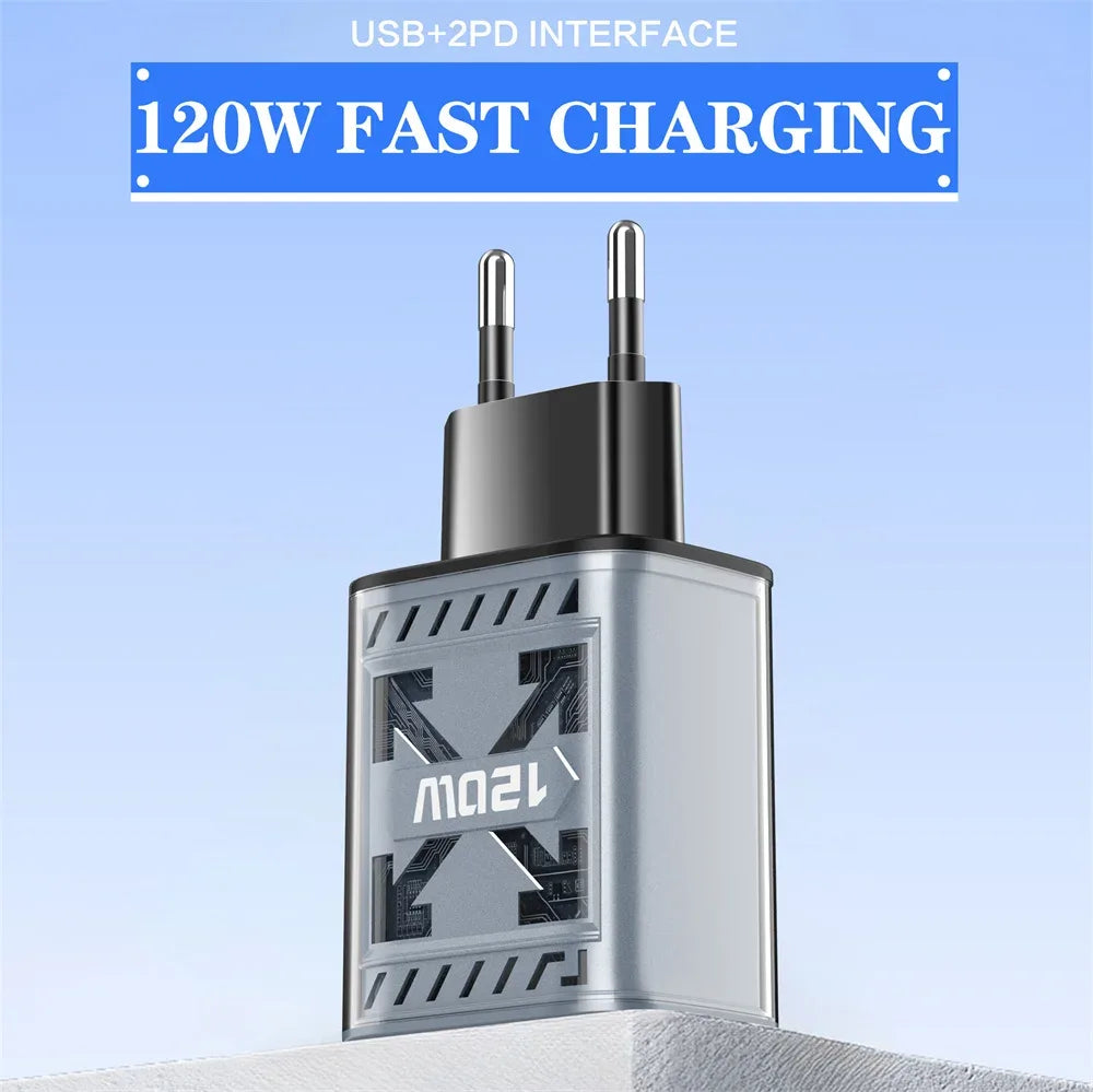 Total 120W USB C PD Charger QC 3.0 Type C Fast Charging Phones Wall Adapter for iPhone 16 Samsung Xiaomi POCO 3 In 1 USB Charger