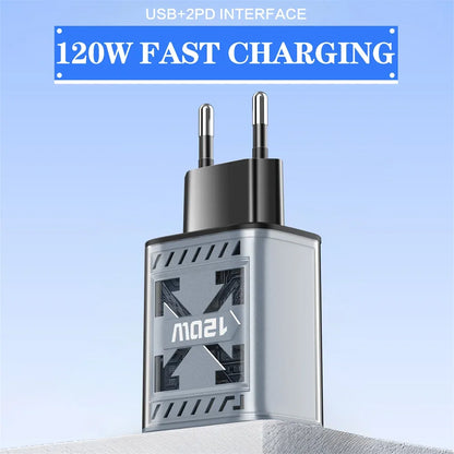 Total 120W USB C PD Charger QC 3.0 Type C Fast Charging Phones Wall Adapter for iPhone 16 Samsung Xiaomi POCO 3 In 1 USB Charger