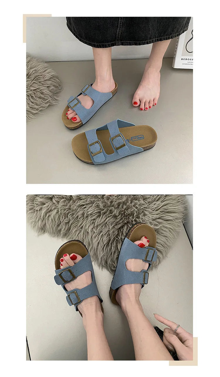 Shevalues Cork Sole Slippers For Women Men Classic Suede Summer Sandals With Arch Support Fashion Orthopedic Beach Cork Shoes